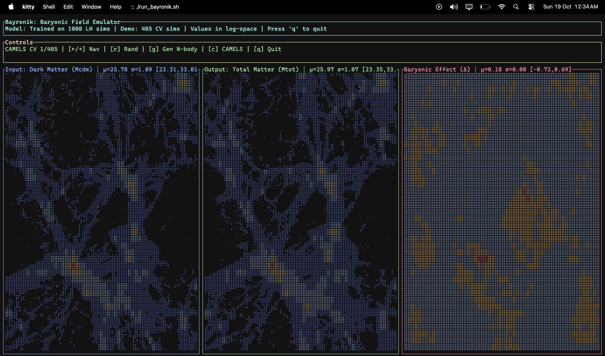 Bayronik simulation results - 2D mass density map showing baryonic field distribution